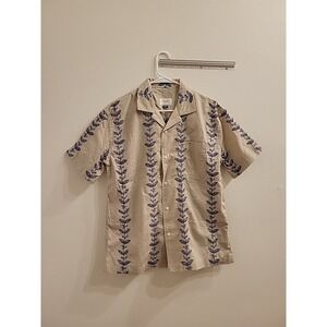 American Eagle Button Up Mens XS Poolside Striped Leaf Embroidered Khaki Summer